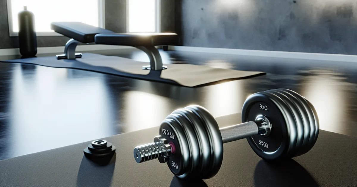 Six adjustable dumbbells arranged on a gym floor