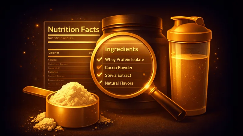 Protein powder scoop with nutrition label โ what to look for when buying