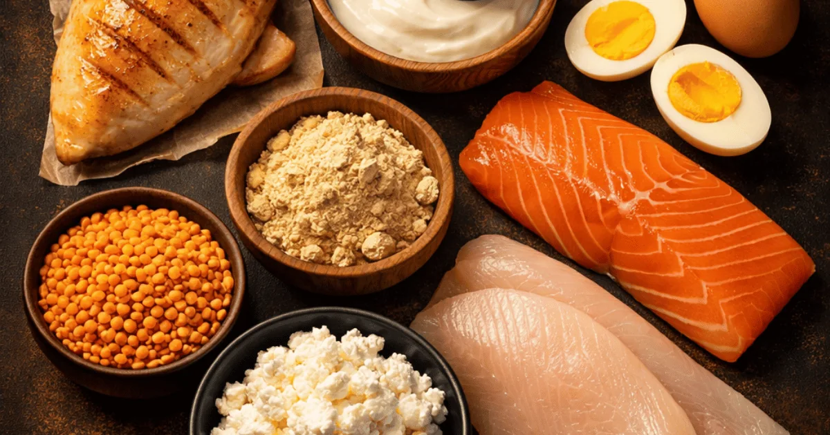 High-protein food sources arranged together โ chicken, eggs, fish, yogurt, lentils