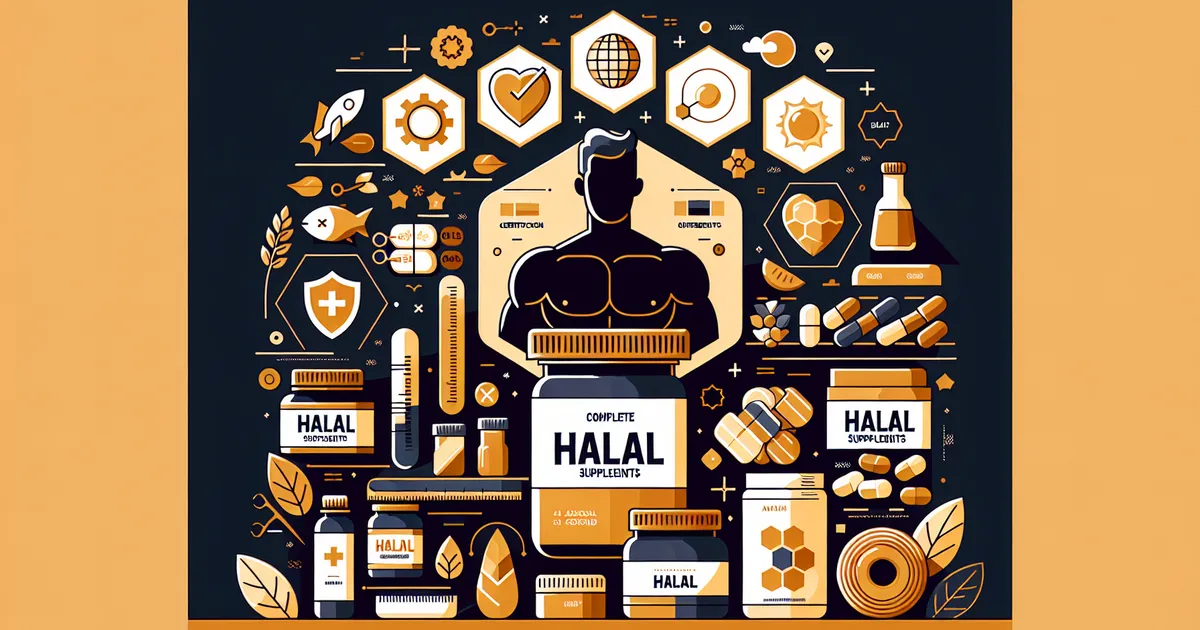 Supplement bottles with halal certification badges and ingredient checklist