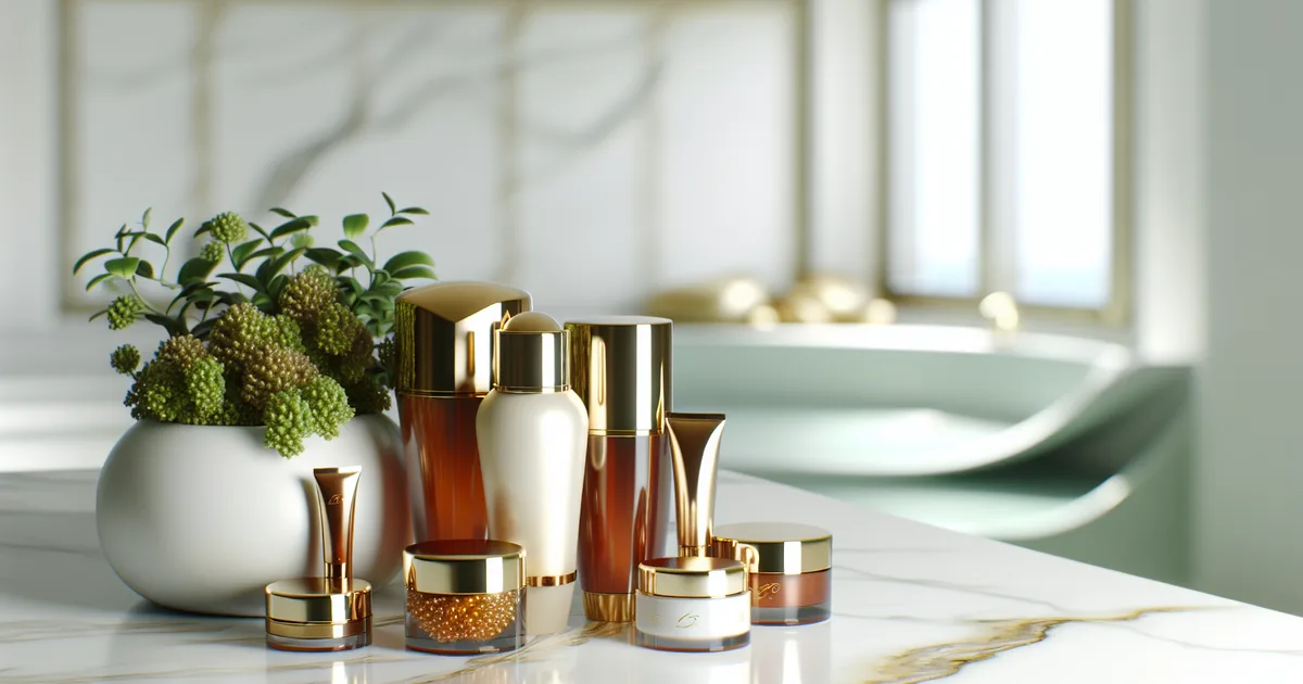 Luxury halal skincare bottles arranged on a marble surface
