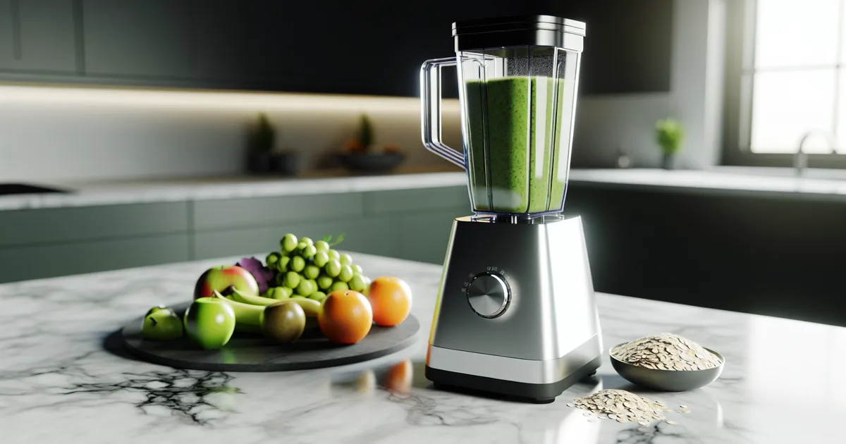 Vitamix blender filled with a green smoothie