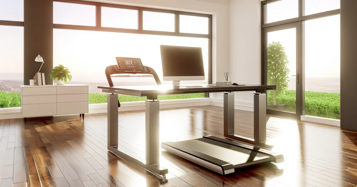 Walking pad under a standing desk in a modern home office